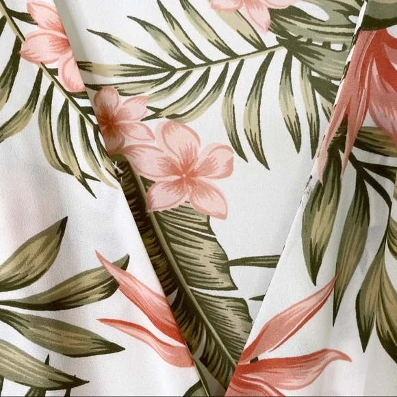 IMAN Palm Floral Tropical HAWAIIAN Resort Faux Wrap Blouse Top Cold Shoulder Med - Picture 6 of 8